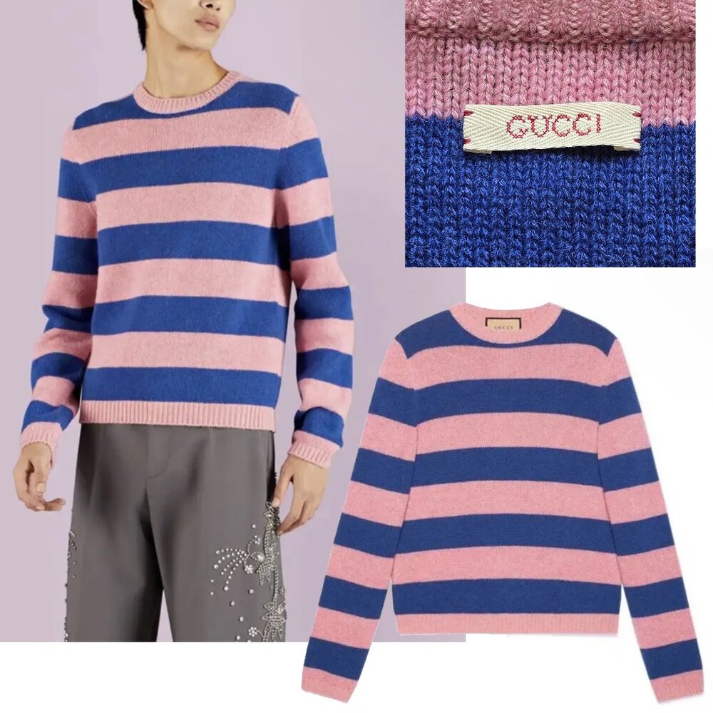 GUCCI MENS SWEATER STRIPED CASHMERE WOOL KNIT w LOGO DETAIL sz L LARGE